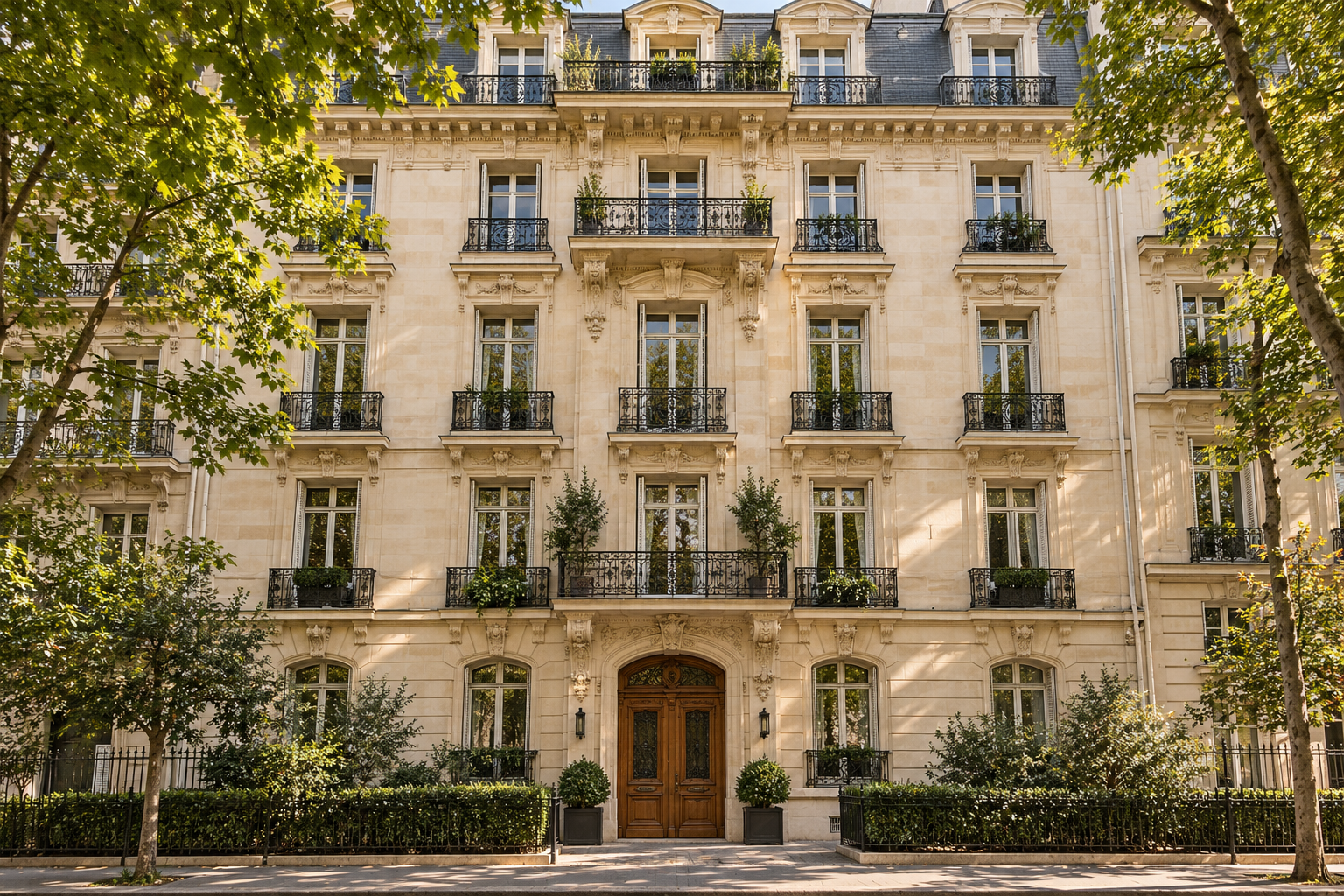 Illustration d’ambiance immobilière : façade parisienne en pierre claire avec balcons